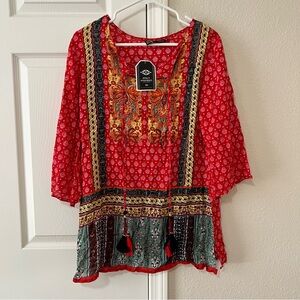 Anandas Collection Boho Tunic Top with Tassel Tie Size Medium NWT